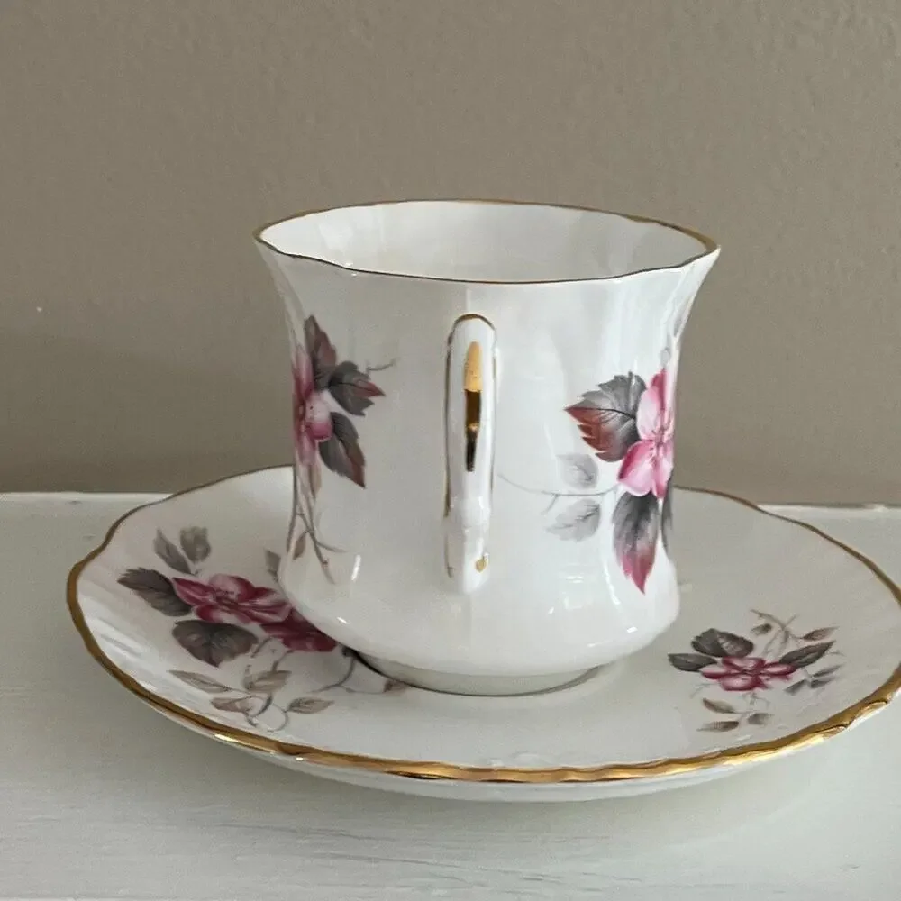 VTG Hammersley, Spode, Fine Bone China Teacup & Saucer, Floral, Pink, Gray